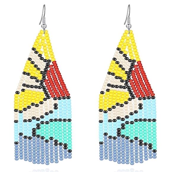Multicolor Boho Seed Bead Tassel Dangling Statement French Wire Hook Earrings - Picture 1 of 8